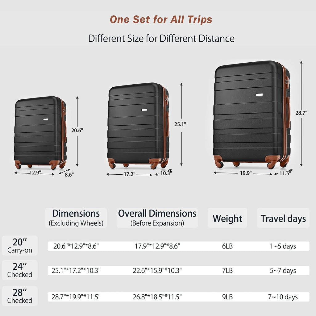 Merax 3 Piece Luggage Set ABS Hardshell Lightweight Suitcase Sets Spinner Wheels Suitcase with TSA Lock, 20' 24' 28', Black Brown