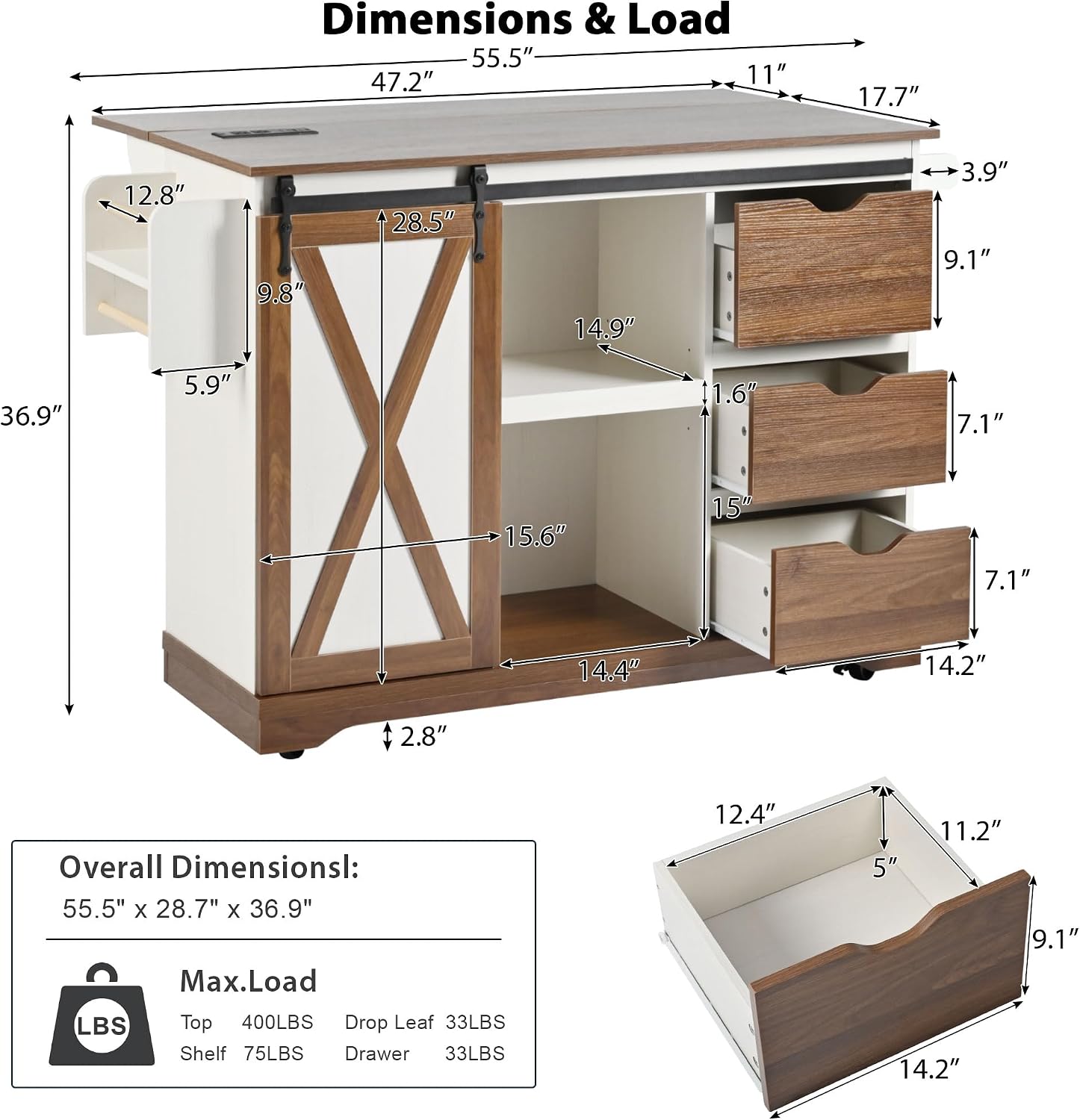 55.5' Farmhouse Kitchen Island with Drop Leaf, Barn Door and Power Outlet, Rolling Kitchen Cart on Wheels with Spice Rack, for Home, Kitchen, Dining Room (White+Brown)
