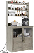 Microwave Stand Bakers Rack Cabinet with Power Outlet and Thickened Counter, Freestanding Farmhouse Coffee Bar Cabinet, Tall Kitchen Pantry Hutch with Glass Doors for Dining Room