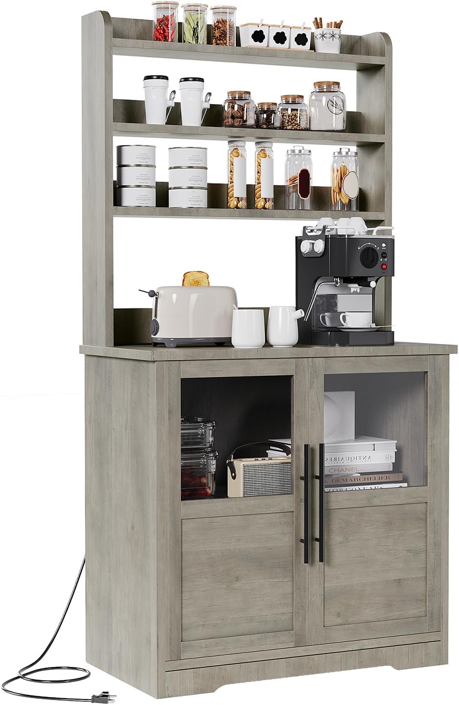 Microwave Stand Bakers Rack Cabinet with Power Outlet and Thickened Counter, Freestanding Farmhouse Coffee Bar Cabinet, Tall Kitchen Pantry Hutch with Glass Doors for Dining Room