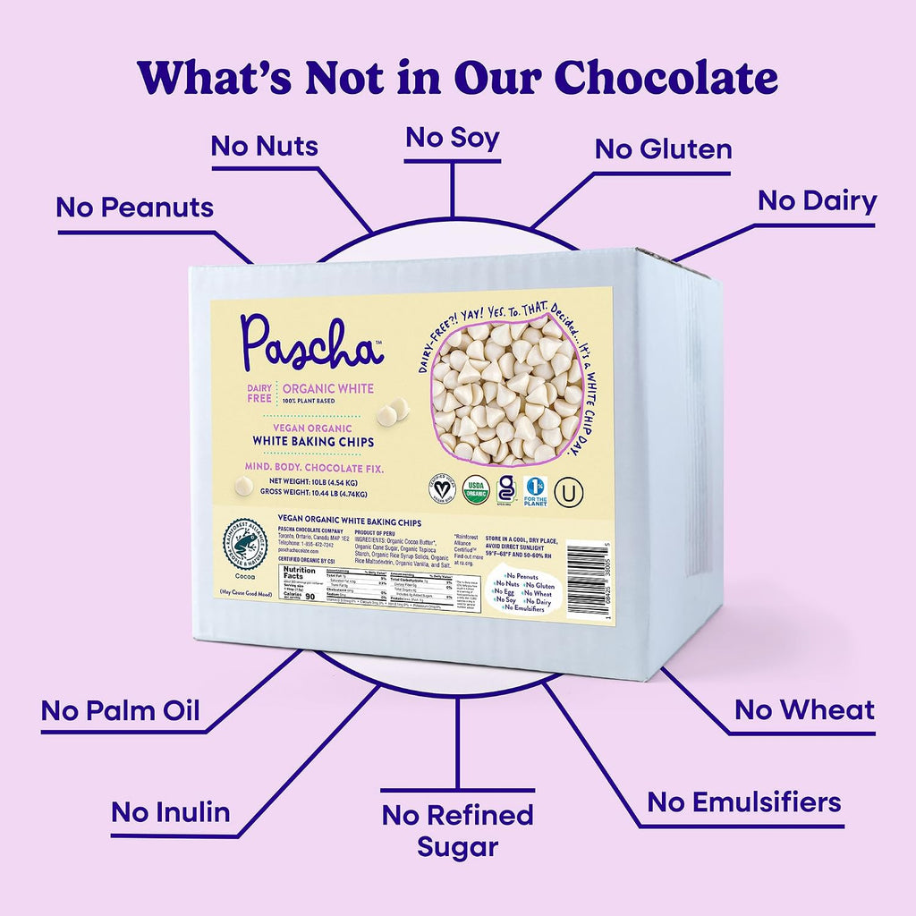 Pascha Organic Vegan White Baking Chips - Dairy-Free Alternative - Rice-Based Bulk Baking Chocolate - Allergen-Free & Plant-Based - Rainforest Alliance Certified Cocoa Butter, (10 lbs)