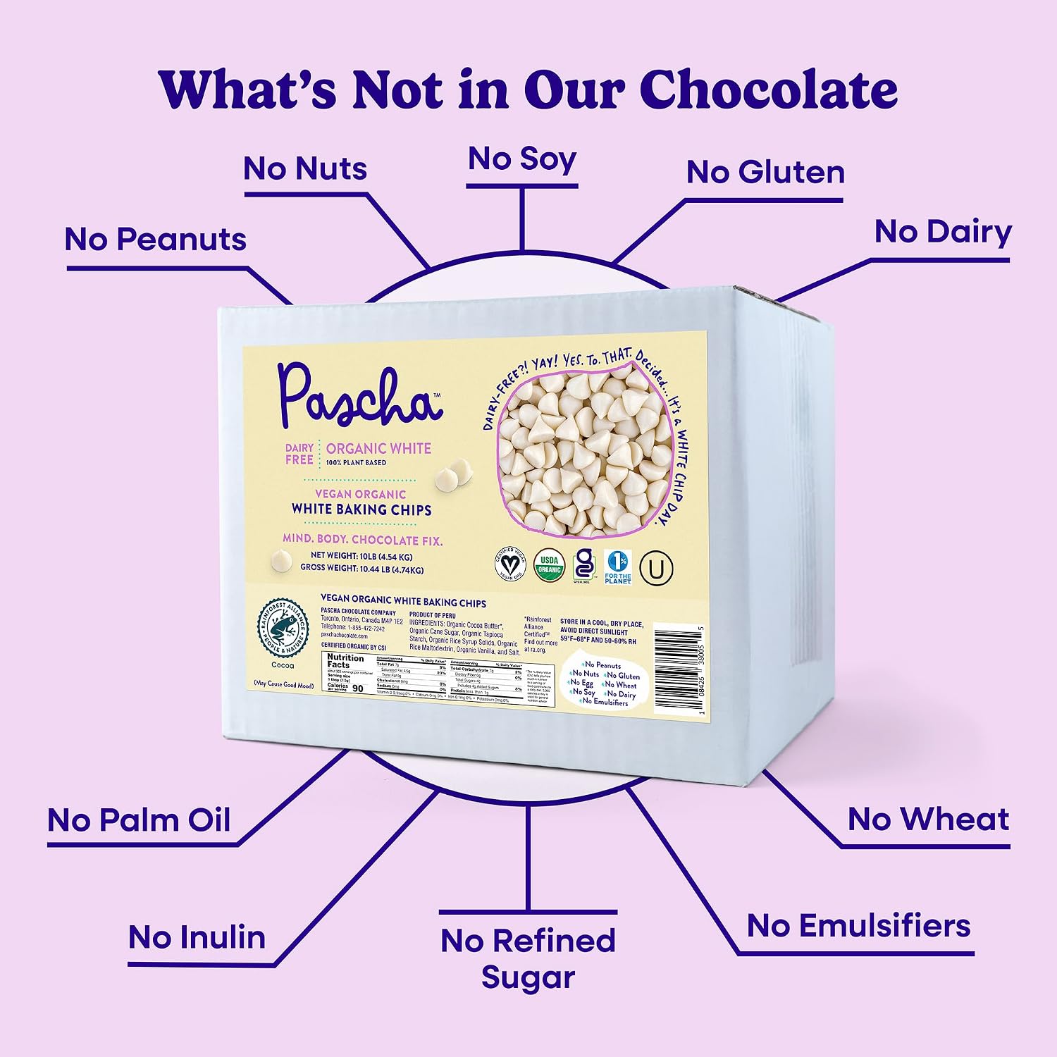 Pascha Organic Vegan White Baking Chips - Dairy-Free Alternative - Rice-Based Bulk Baking Chocolate - Allergen-Free & Plant-Based - Rainforest Alliance Certified Cocoa Butter, (10 lbs)