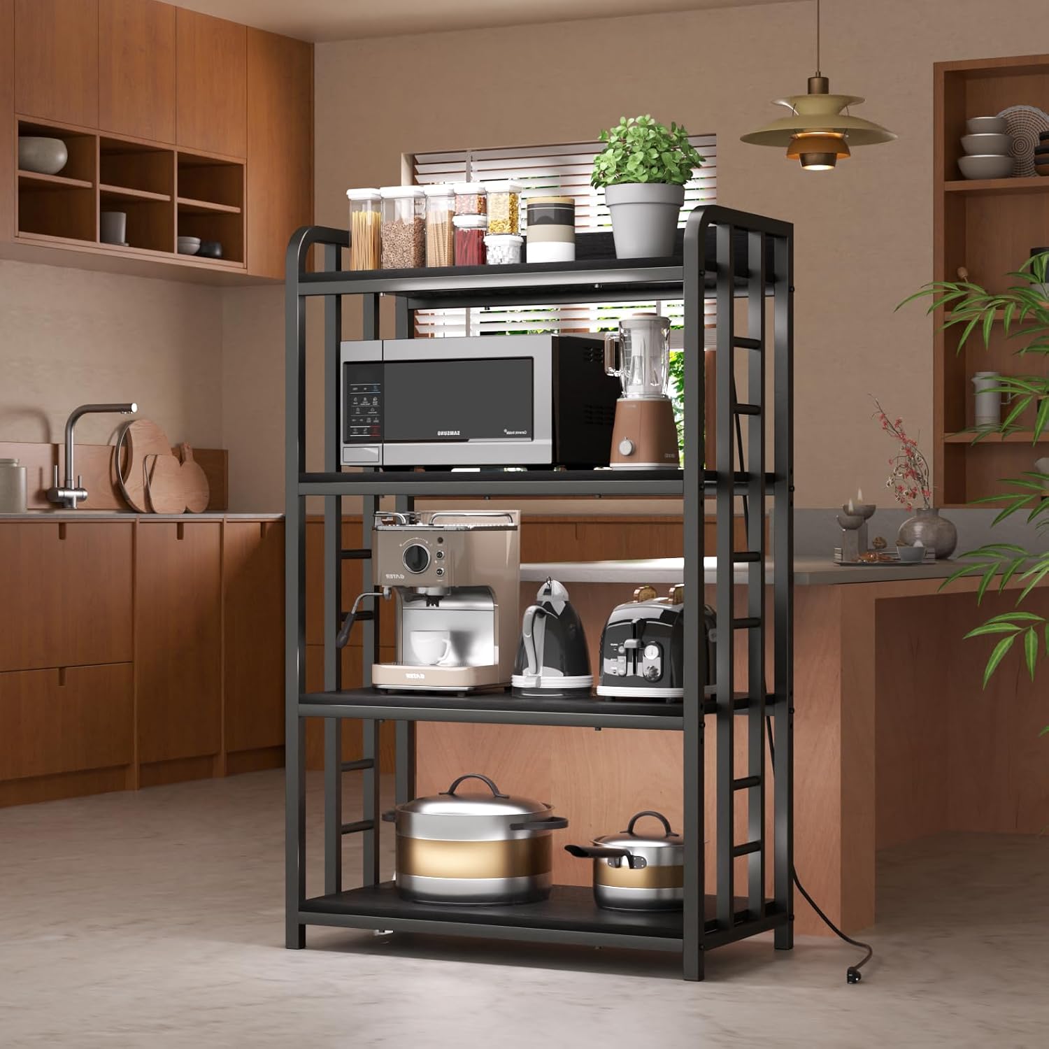 Adjustable Bakers Rack with Power Outlet, 4 Tier Microwave Oven Stand, Heavy Duty Kitchen Storage Rack for Garage Dining Room, Black