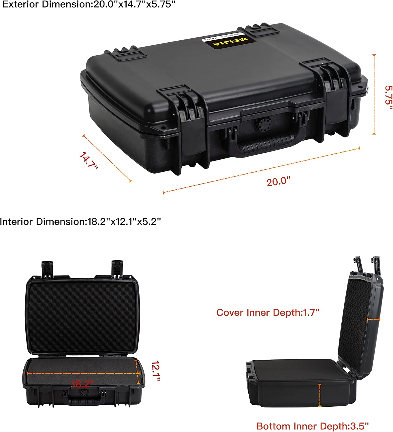 MEIJIA Premium Waterproof Hard Compact Camera Case with customizable fit foam,Full Protection with Light&Convenient Design,20.01'x14.7'x5.75',Elegant Black