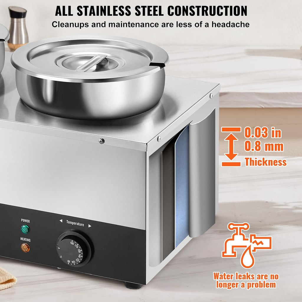 ETL Listed Electric Soup Warmer, Dual 7.4QT Stainless Steel Round Pot 86~185°F Adjustable Temp, 1200W Commercial Bain Marie with Anti-Dry Burn, Soup Station for Restaurant, Buffet, Silver