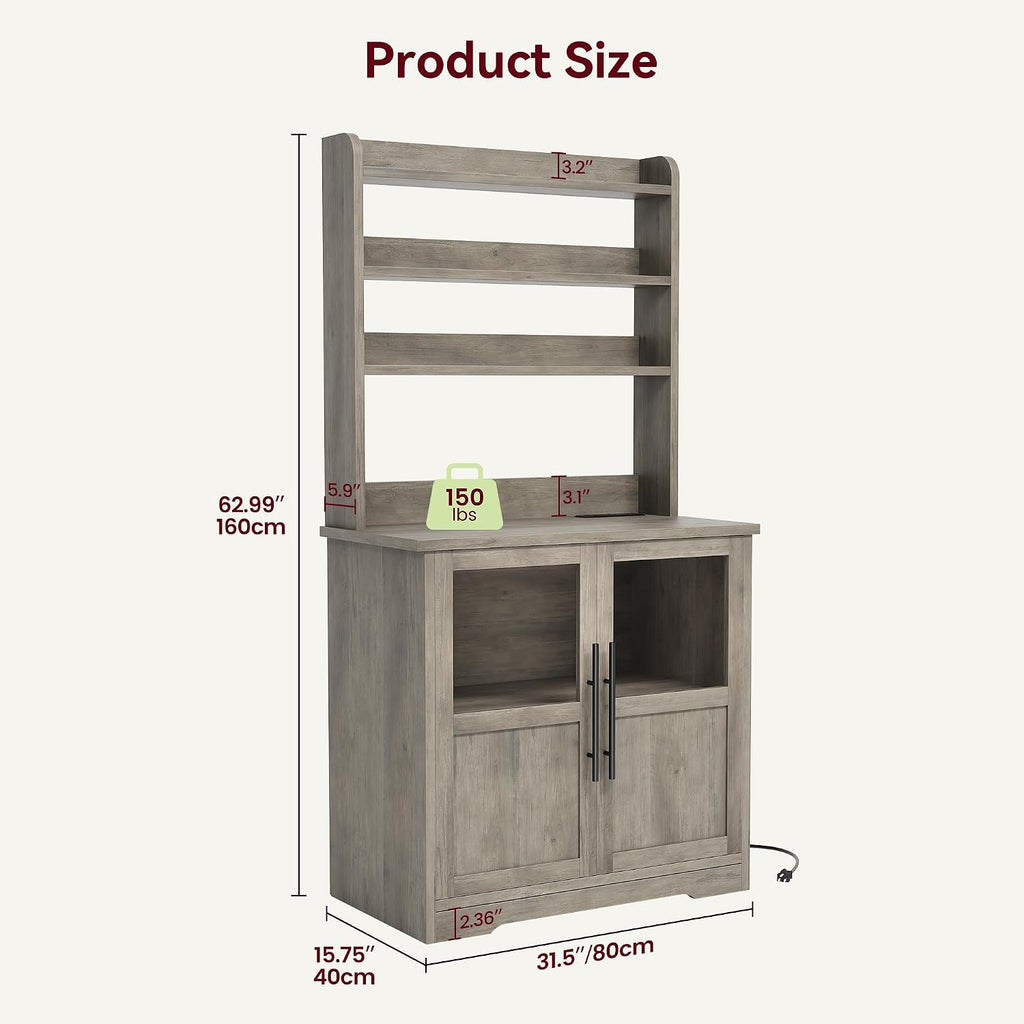 63' Bakers Rack with Storage & Charging Station, Farmhouse Coffee Bar Cabinet, Tall Wooden Microwave Stand with Storage Hutch & 2 Glass Doors for Dining Room, Black