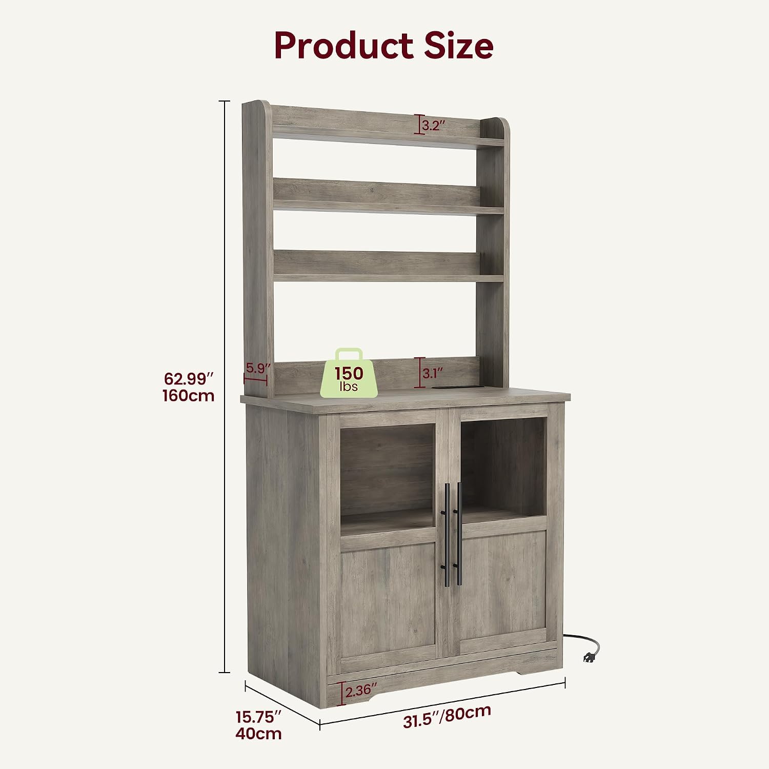 63' Bakers Rack with Storage & Charging Station, Farmhouse Coffee Bar Cabinet, Tall Wooden Microwave Stand with Storage Hutch & 2 Glass Doors for Dining Room, Black