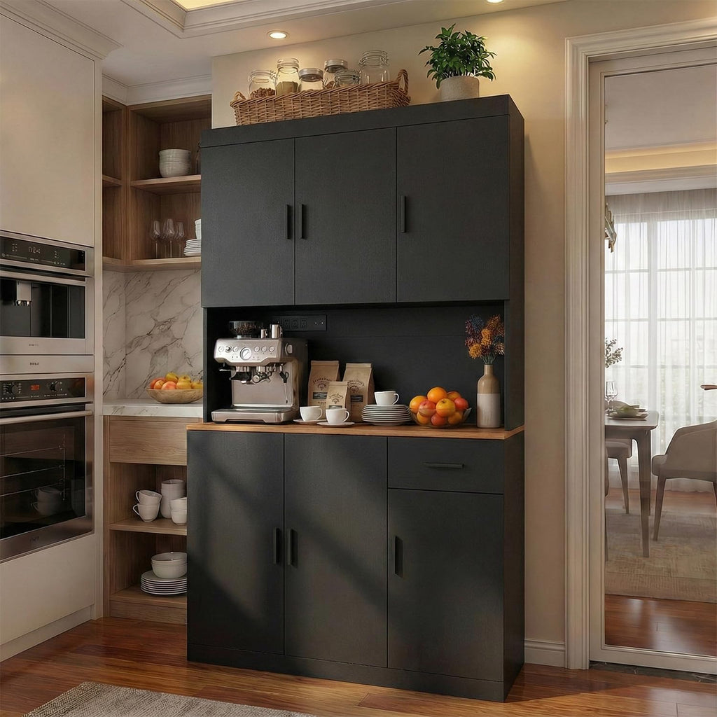 DIYART 71 Inch Black Pantry Cabinet with Power Outlet, Heavy-Duty Freestanding Kitchen Storage Organizer with Reinforced Frame, Pantry Hutch for Kitchen, Dining Room, Living Room