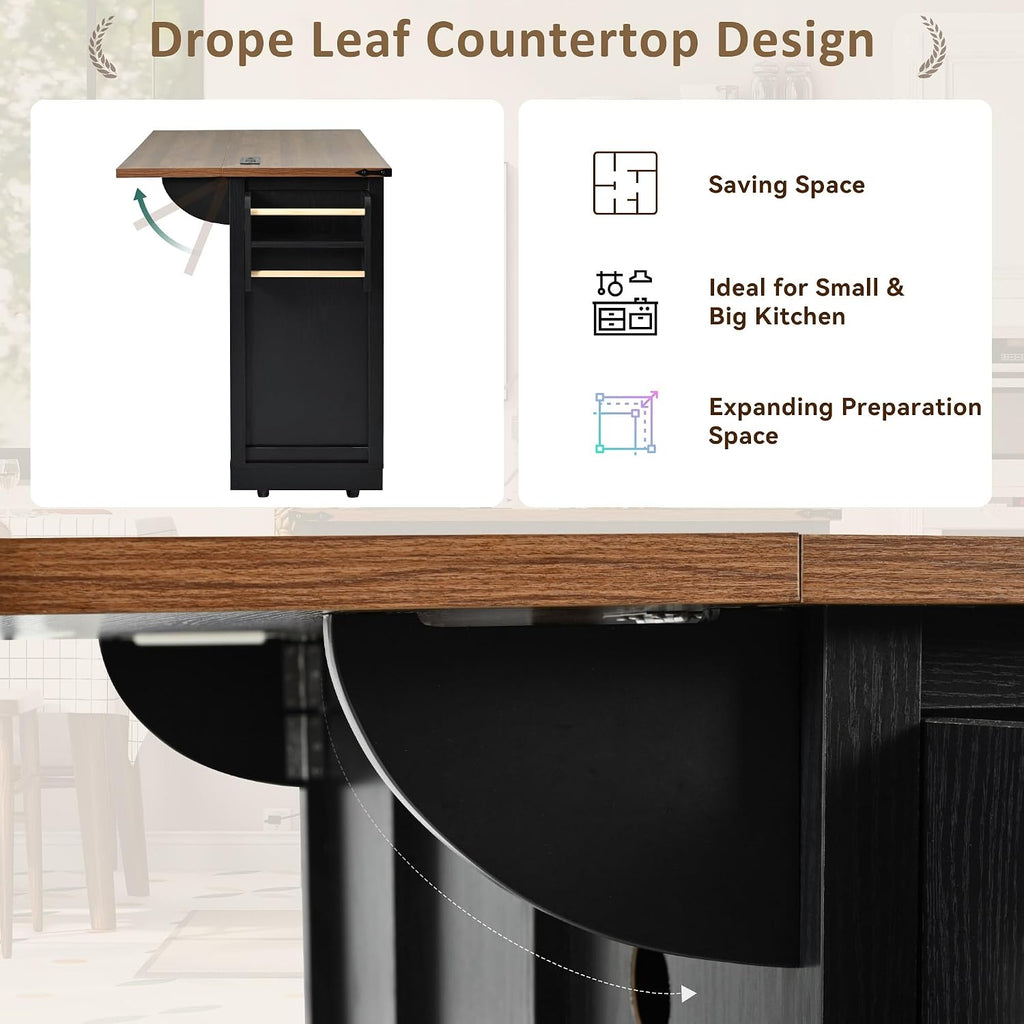 53.7' Farmhouse Rolling Kitchen Island Cart on Wheels with Power Outlet, Storage Island with Drop Leaf, Spice Rack, 2 Sliding Barn Door and Drawer for Dining Room Kitchens Living Room Black