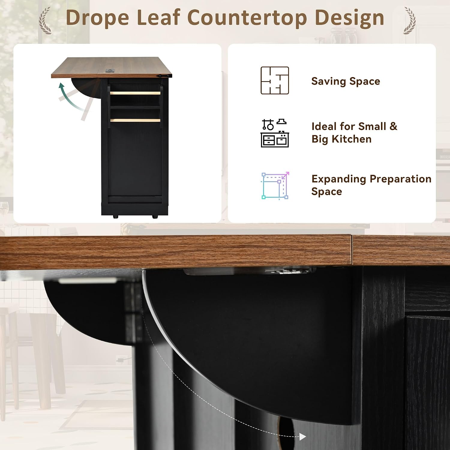 Farmhouse Kitchen Island with Power Outlet, 2 Sliding Barn Door and Drop Leaf, Spice Rack Rolling Kitchen Cart on Wheels for Home and Dining Room (Black/P)