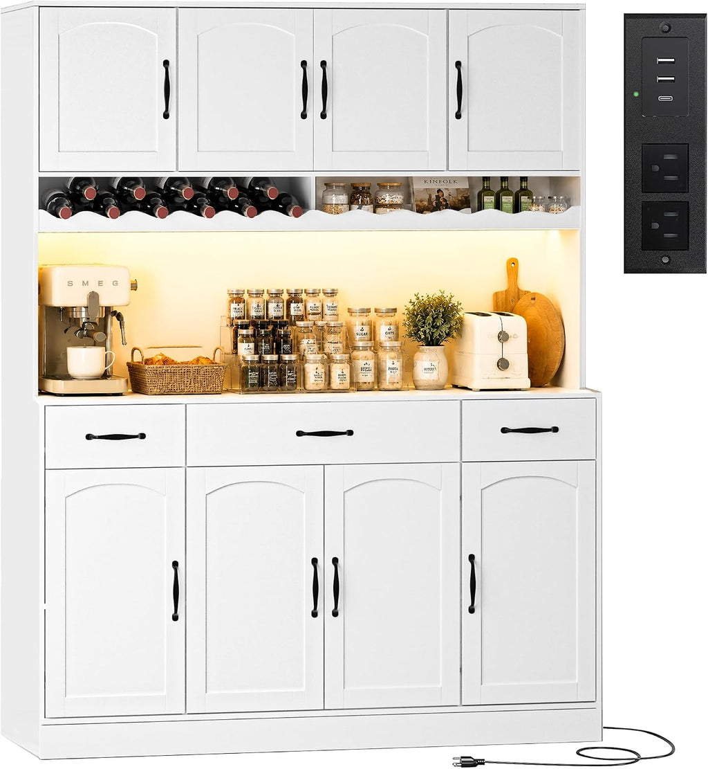 72' Tall Kitchen Pantry Cabinet with Charging Station 55' Wide Kitchen Hutch Cabinet with LED Light and Countertop Large Kitchen Pantry Storage Cabinet With Adjustable Shelves and Wine Rack