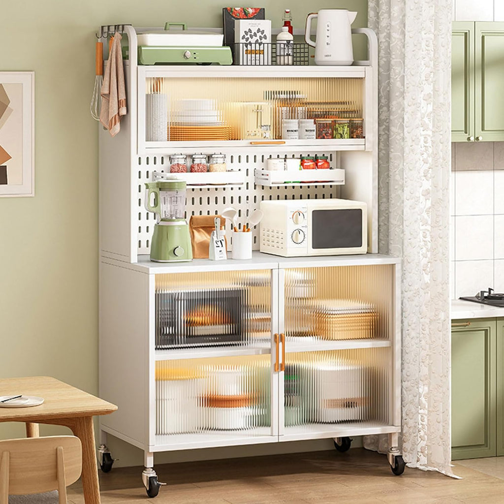 Bakers Rack with Storage Cabinet, Sideboard Cabinet Coffee Bar Cabinet with Power Outlet 5-Tier Microwave Oven Stand with Shelves Kitchen Storage Shelf with Cabinet,80cm