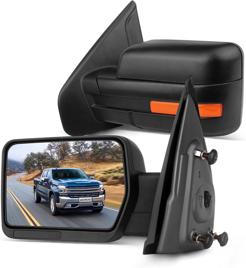 SCITOO Towing Mirrors Compatible With 2004-2014 For Ford For F-150 Series Truck Pickup A Pair(Left Right Side Tow Mirrors) With Power Adjusted Heated No Turn Signal Light Black Housing