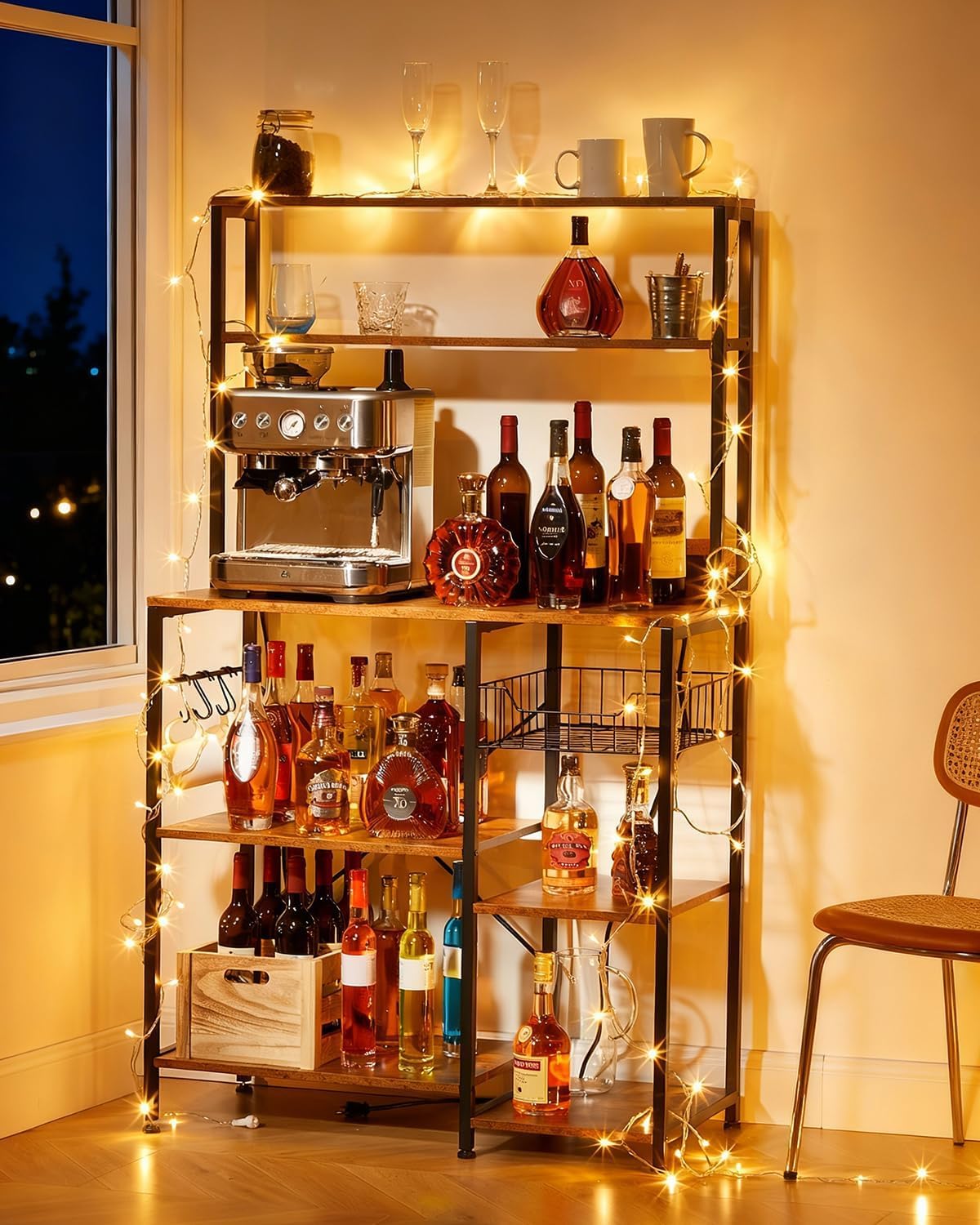 Rustic Brown Bakers Rack with Power Outlet - 4-Tier Kitchen Storage Shelf - Microwave Stand, Coffee Bar Table, 5 S Hooks, Metal & Wood Organizer for Spices and Pots - 35 * 60 inch