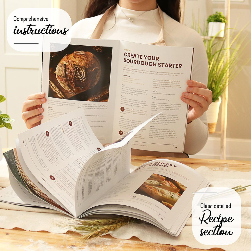 CraftZee All-Inclusive 𝗣𝗥𝗘𝗠𝗜𝗨𝗠 Sourdough Starter Kit with Pot, 34 Oz Starter Jar, 4 Banneton Bread Proofing Baskets, Scraper, Scale, Sourdough Bread Baking Supplies, Beginner Guide & Recipes