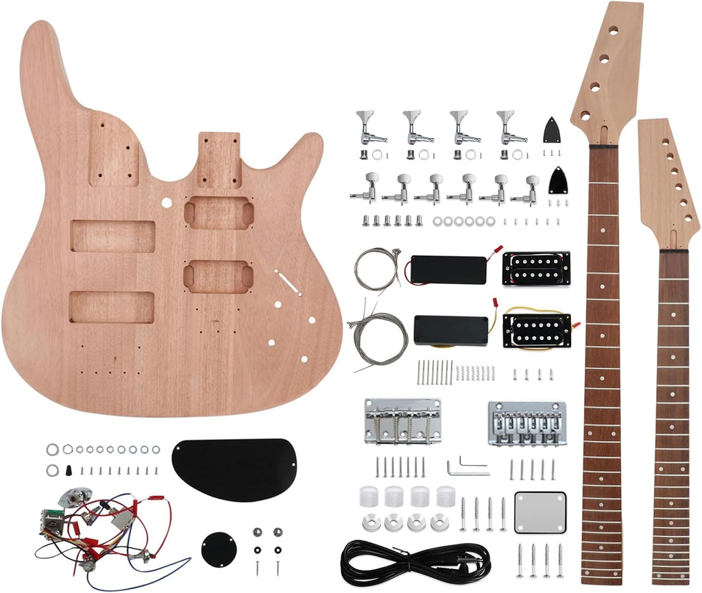 Double Neck DIY Electric Guitar and Bass Kit 6 String and 4 String Guitar Kit Right Handed with Mahogany Body Mahogany Neck Rosewood Fretboard Chrome Hardware Build Your Own Bass and Guitar.