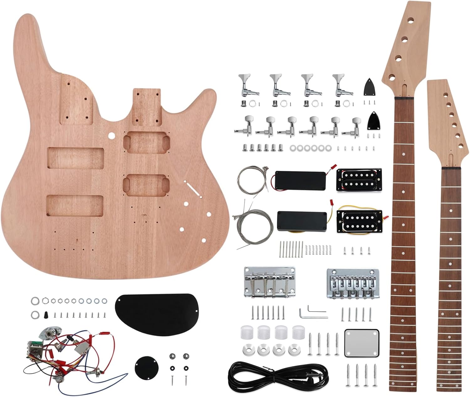 Double Neck DIY Electric Guitar and Bass Kit 6 String and 4 String Guitar Kit Right Handed with Mahogany Body Mahogany Neck Rosewood Fretboard Chrome Hardware Build Your Own Bass and Guitar.
