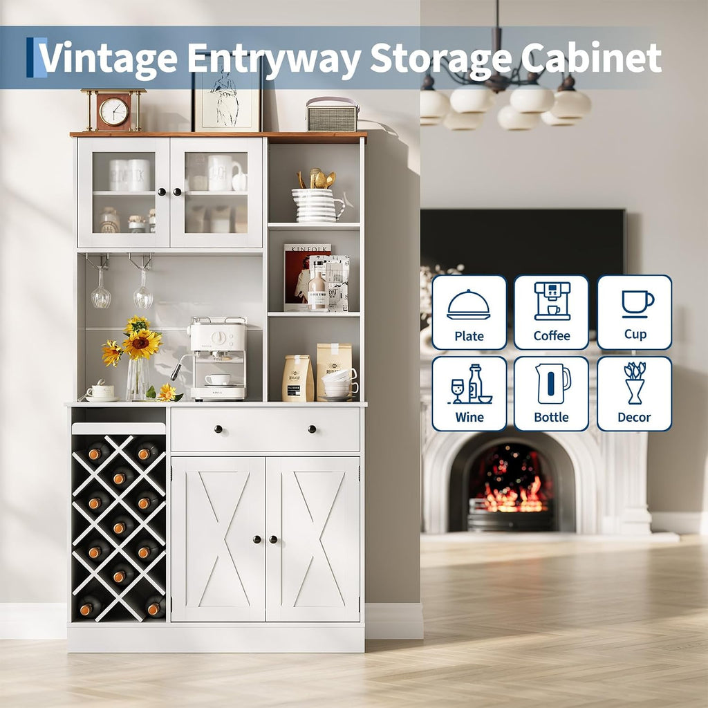 Coffee Bar Cabinet with Power Outlet & Exquisite Barn Doors, 72'' Sideboard Buffet Cabinet with Wine Bottle Rack, Large Kitchen Buffet with Storage and Wine Rack for Kitchen, Dining Room, Living Room