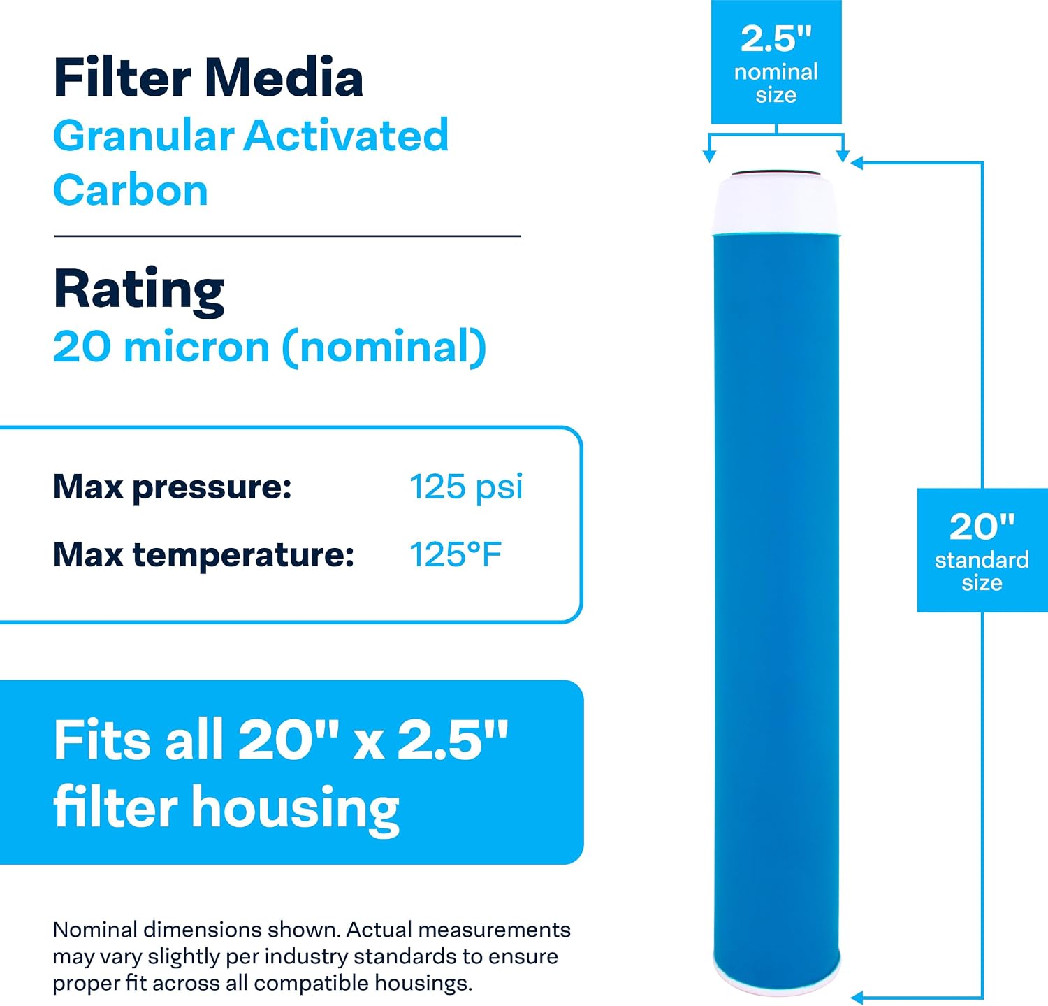 SpiroPure SP-GAC-20 20x2.5 20 Micron Coconut Shell Granular Activated Carbon (GAC) Water Filter Cartridge GAC-20 155111-43 (Case of 6)