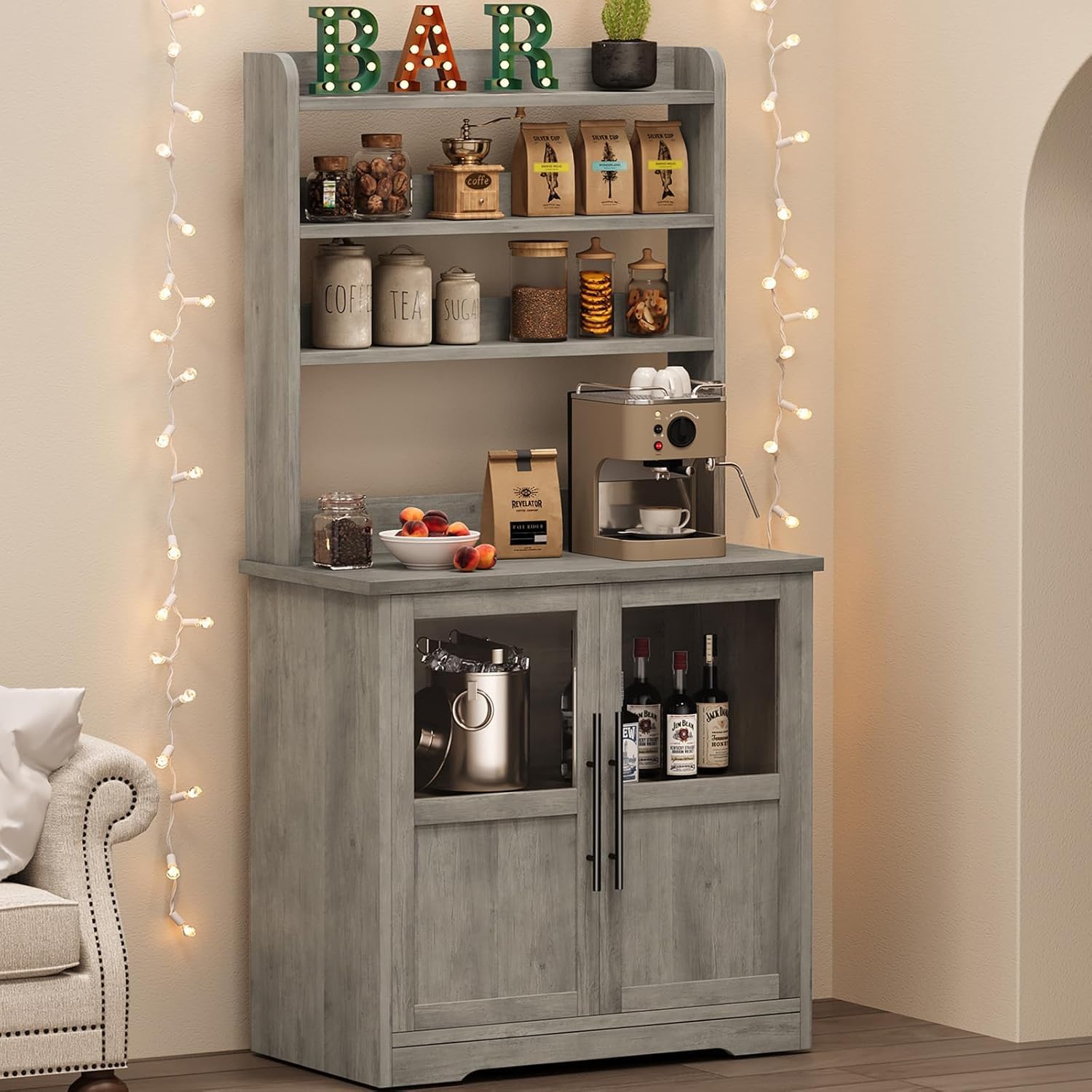 GAOMON Farmhouse Bakers Rack with Storage Cabinet and Power Outlets, Kitchen Pantry Organizer Hutch with Thickened Countertop, Microwave Stand with USB Ports, Multi-Shelf Storage, Gray