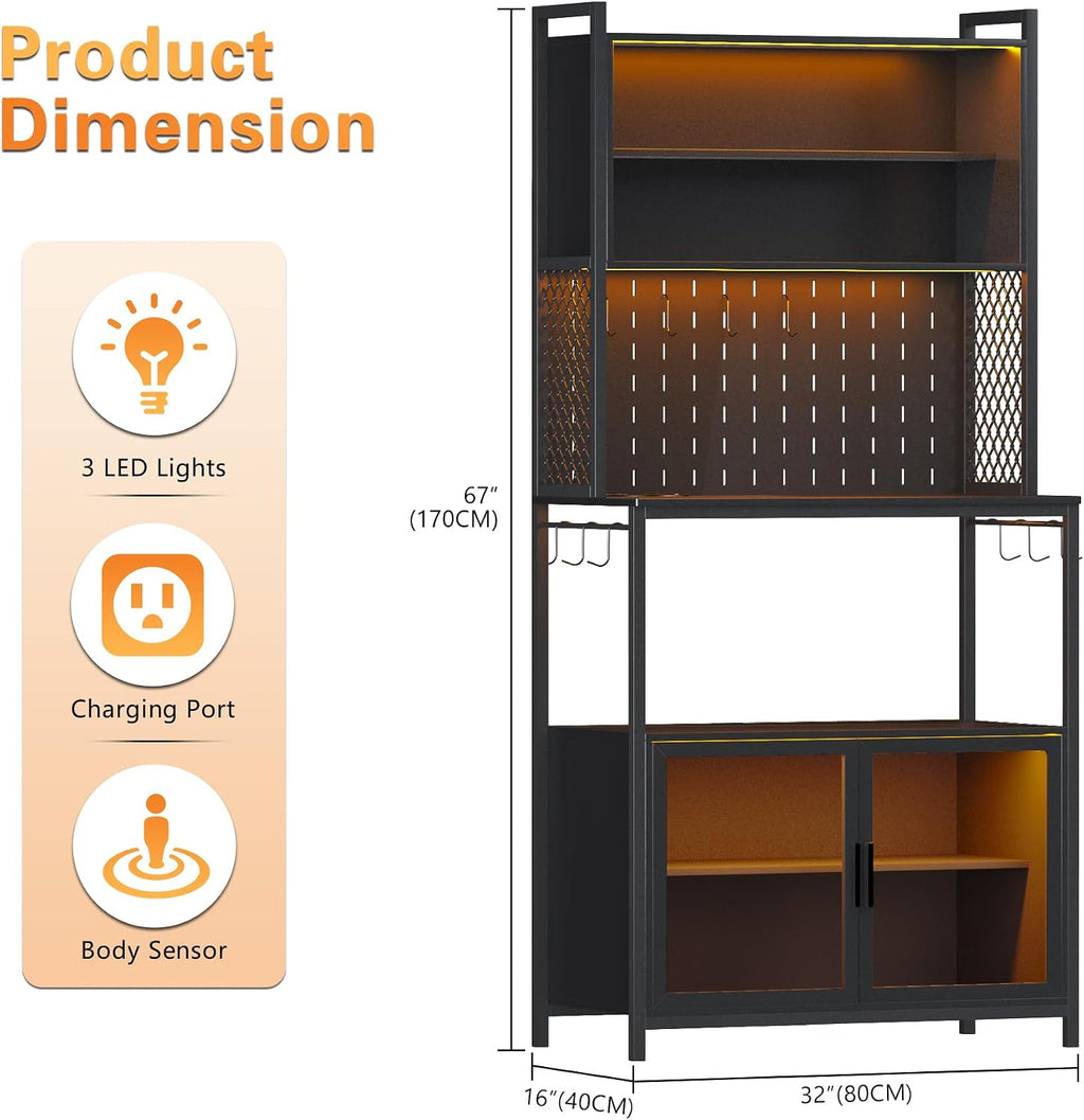 67'' LED Kitchen Pantry Cabinet with Pegboard, 3 Color Dimmable Bakers Rack with Charging Station Adjustable Shelves and Hooks, Microwave Stand with Storage