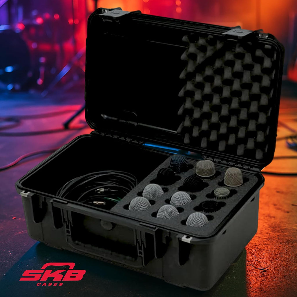 SKB iSeries Microphone Hard Case, Waterproof Polypropylene Shell with 12-Slot Foam Interior and Cable Storage for Mic System Protection
