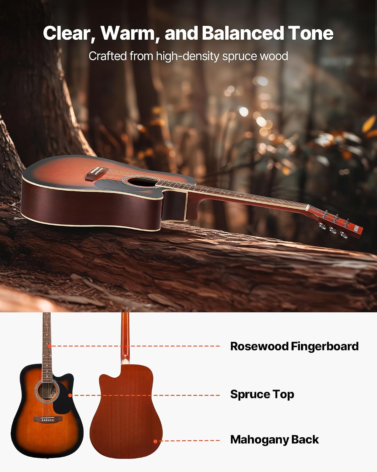 VEVOR 41 in Cutway Acoustic Guitar, 6-String, Sunburst Solid Spruce Top Guitar, Beginner Bundle with Gig Bag, Tuner, Strap, Steel Strings, Picks, Capo, Rosewood Fingerboard, for Fingerstyle Solo Jazz