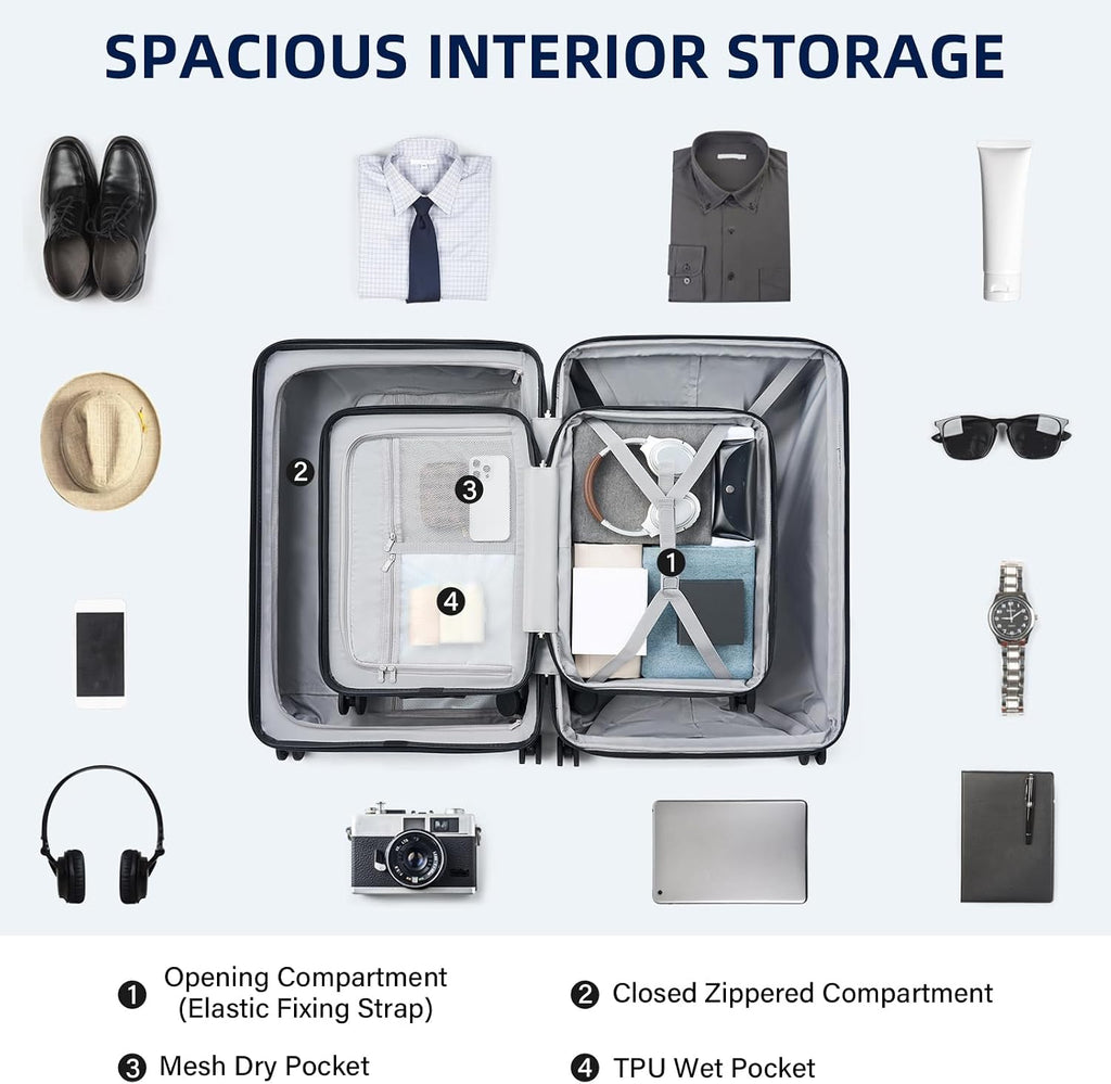 HanTrip Hard Shell Suitcases Expandable Travel Luggage Sets 2 Piece, Carry on and Check in Luggage Lightweight Suitcase Set 2 Piece with Wheels Cup Holder Charger Built in (White, 20/28)