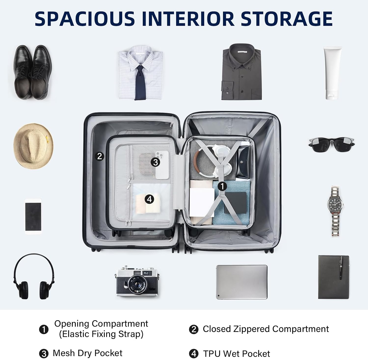 HanTrip Hard Shell Suitcases Expandable Travel Luggage Sets 2 Piece, Carry on and Check in Luggage Lightweight Suitcase Set 2 Piece with Wheels Cup Holder Charger Built in (White, 20/28)