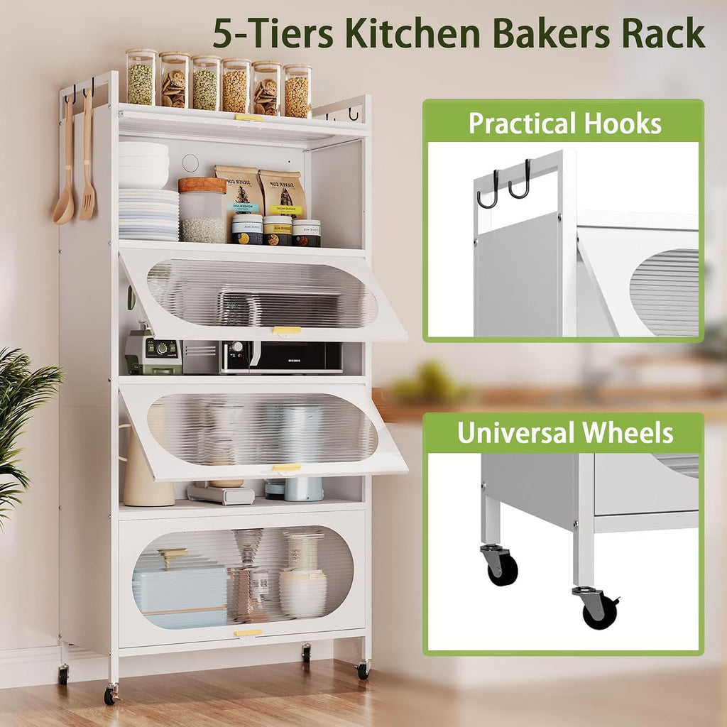 Kitchen Pantry Storage Cabinet,5 Tier Rolling Microwave Stand, Bakers Rack,Metal Pantry Cabinet with 4 Flip-up Doors for Kitchen,Living Room,Study (White)