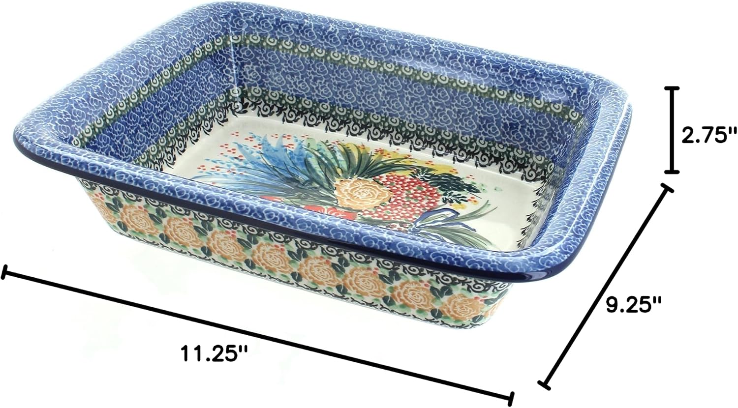 Blue Rose Polish Pottery - Blue Summer Blooms Small Rectangular Baker - 11.25' x 9.25' - Unique, Dishwasher Safe, & Durable Bakeware