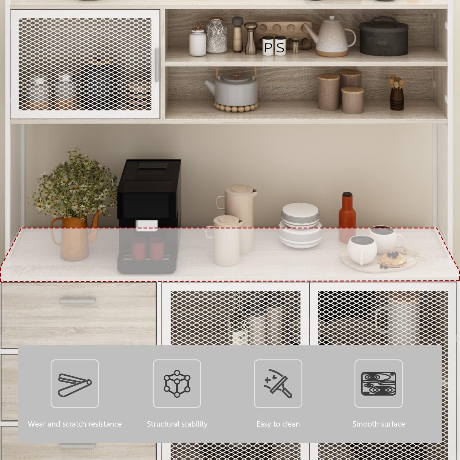 AGOTENI Large Kitchen Hutch Cabinet, Storage Cupboard Pantry with 3 Metal Doors, 3 Drawers & Microwave Shelf, for Kitchen Open Storage, Oak (59' W x 15.7' D x 68.5' H)