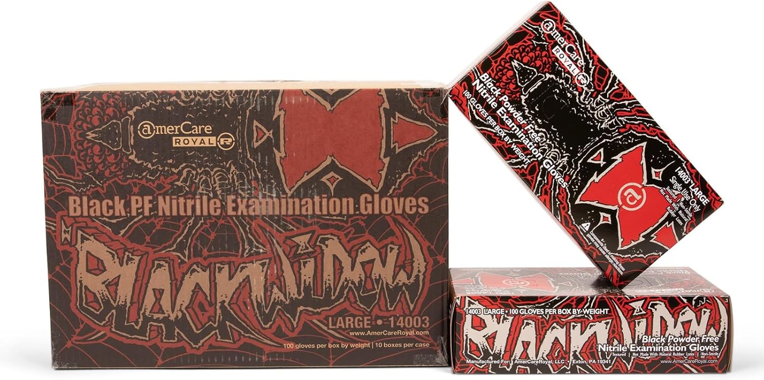 AmerCareRoyal Black Widow Nitrile Latex Free Disposable Gloves - Powder-Free, Exam Grade Gloves with Textured Grip - Extra Large, Black, Case of 1000