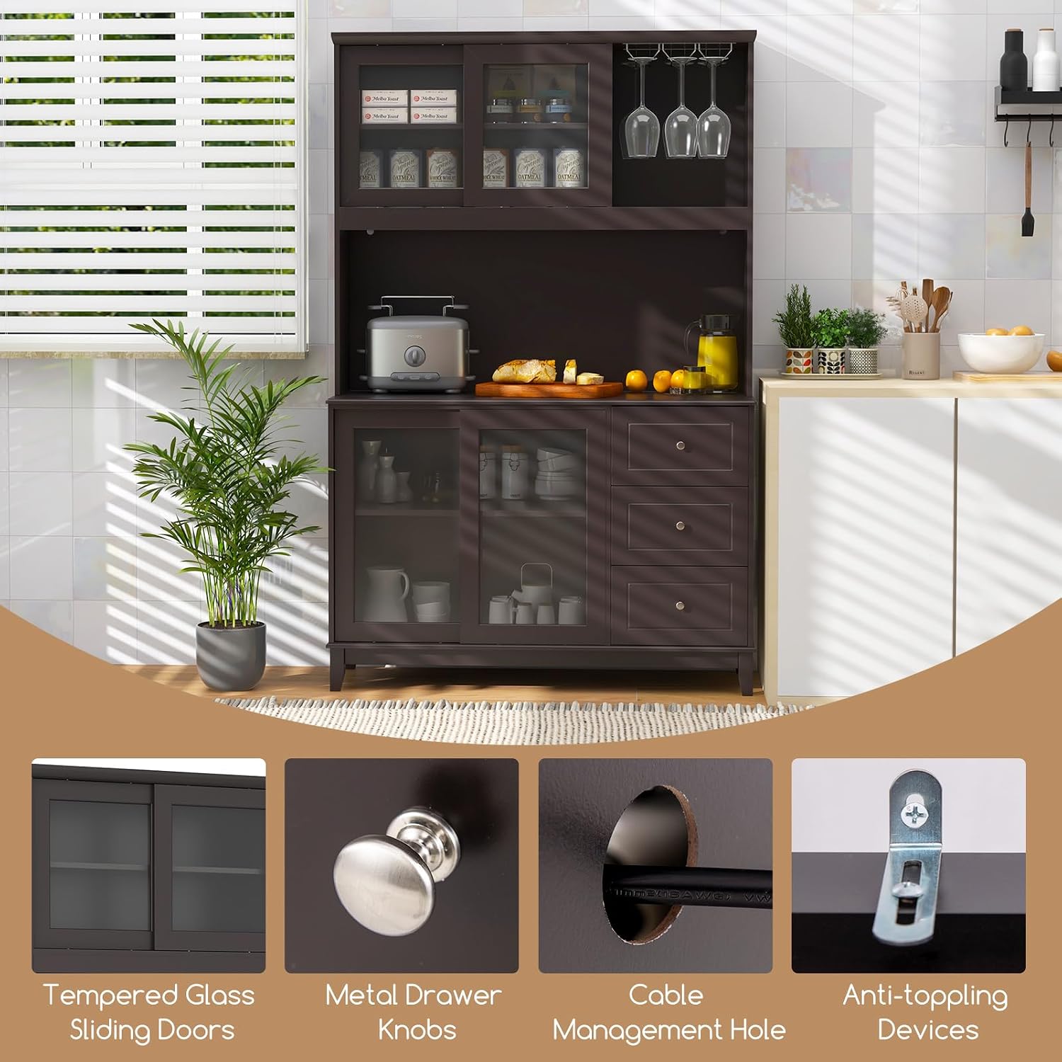 Giantex 73' Kitchen Pantry Storage Cabinet, Hutch Cabinet with LED Lights & Power Outlet, Kitchen Buffet Sideboard w/Wine Glass Racks, Countertop, Adjustable Shelf, Drawers for Dining Room (Espresso)