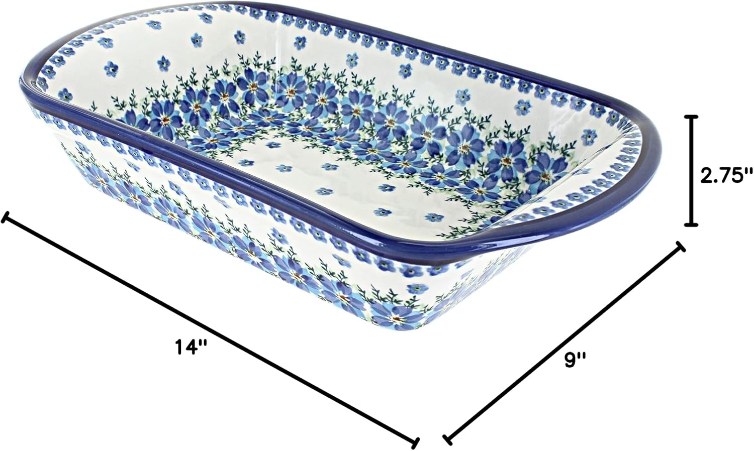 Blue Rose Polish Pottery - Blue Kalina Large Rectangular Baker with Handles - 11.5' x 9.25' - Unique, Dishwasher Safe, & Durable Bakeware
