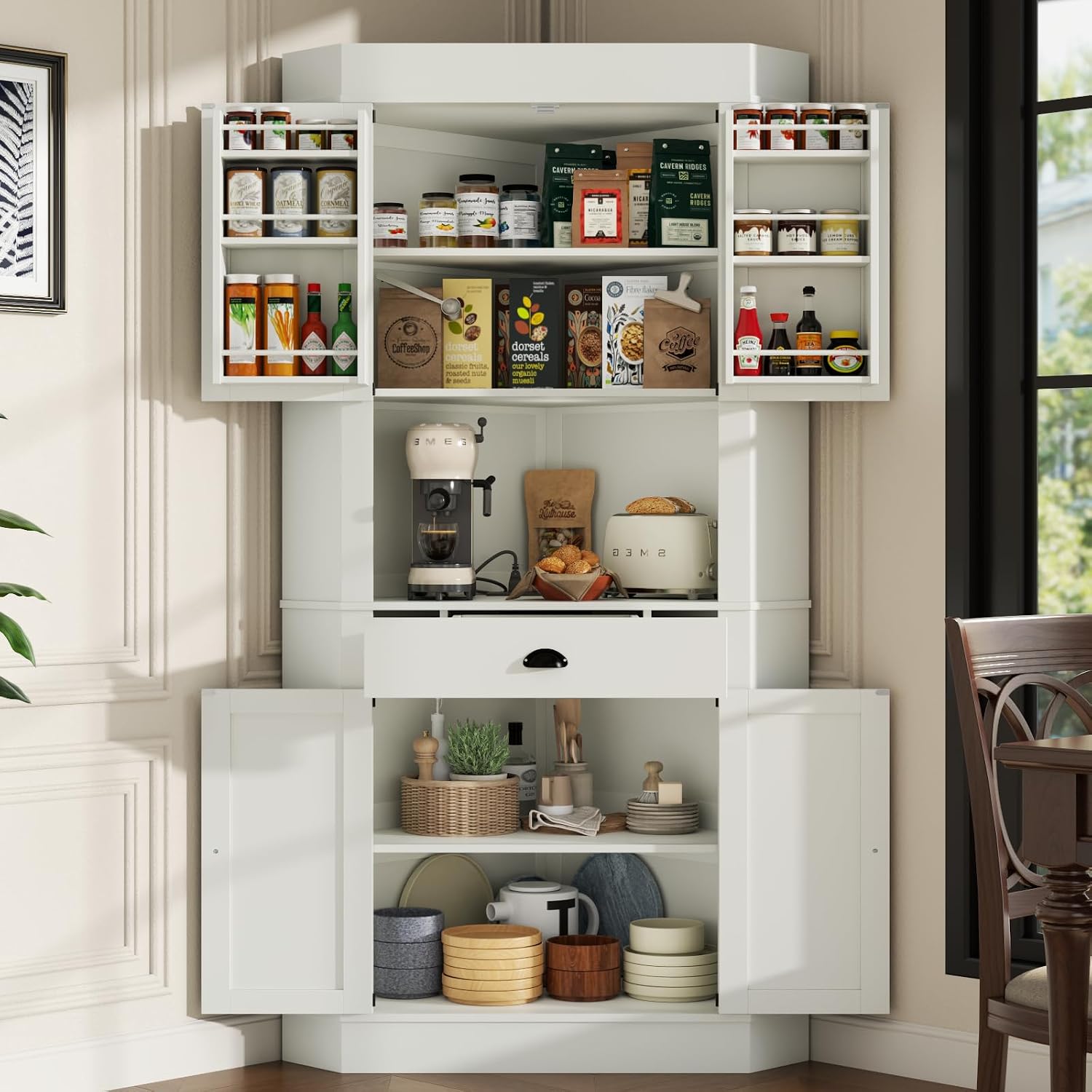 74'Corner Cabinet with Charging Station,Kitchen Pantry Storage Cabinet with Drawer,Freestanding Kitchen Pantry Cabinets with Doors and Shelves,Farmhouse Food Hutch for Dining Room,Living Room(White)