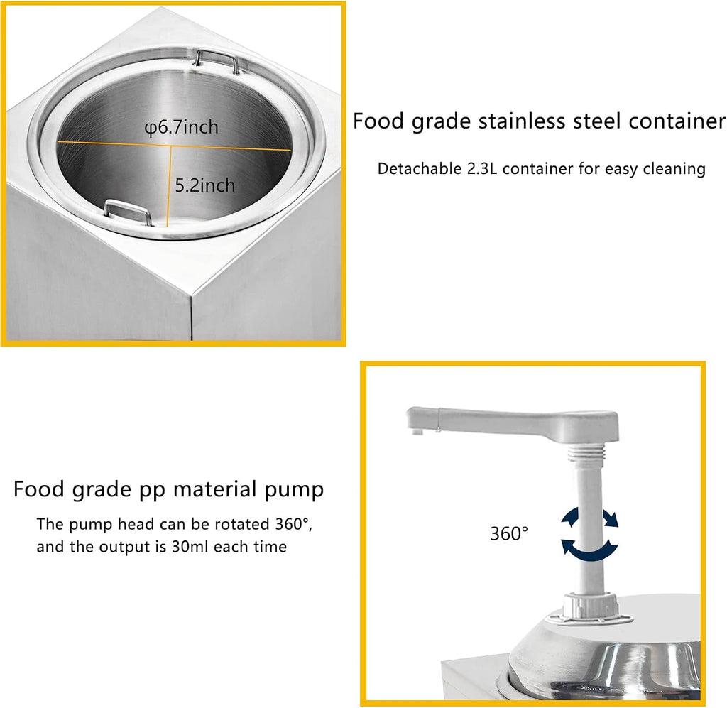 650W Electric Hot Fudge Warmer,Cheese Dispenser with Pump,2.3L Cheese Sauce Warmer Pump Dispenser,Stainless Steel Cheese Pump Dispenser for Fudge Cheese Caramel (B)