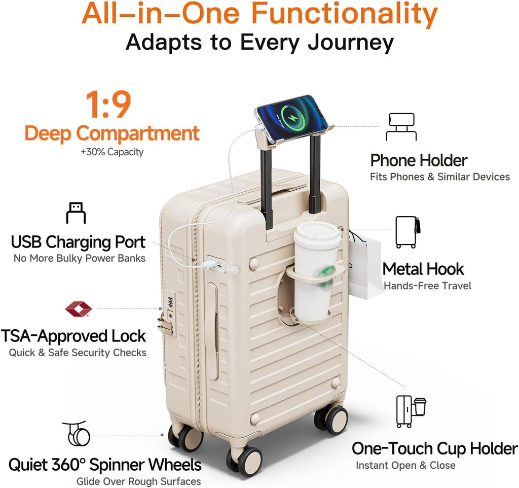 Expandable Lightweight PC Hard Shell Suitcase, 24-inch Luggage with TSA Lock, Top Opening & Cup Holder - Ideal for Business Travel Suitcase (Beige, Checked-Medium 24-Inch)