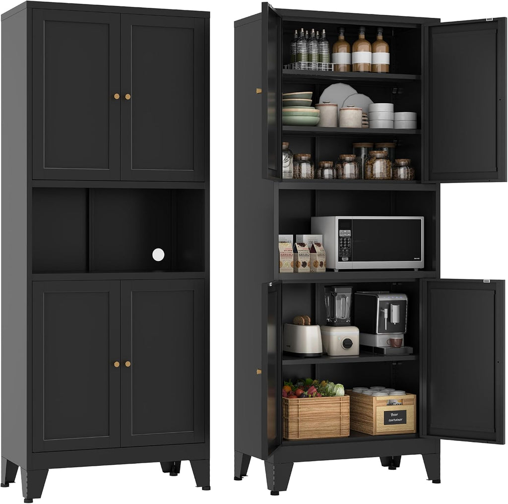 YAUWOH 69' Tall Metal Pantry Cabinet with Microwave Shelf, 4 Doors & 3 Adjustable Shelves, 120LBS Per Shelf Heavy Duty Storage Cabinet with Anti-Tip Design for Kitchen,Dining Room (1PC,Black)