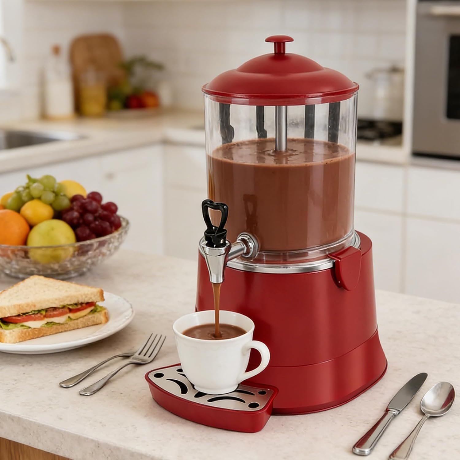 Electric Hot Chocolate Dispenser, Commercial Beverage Warmer with Faucet & Drip Tray, for Large Volume Heating of Milk, Coffee, Tea, for Cafés, Hotels, Bubble Tea Shops 10L-Red