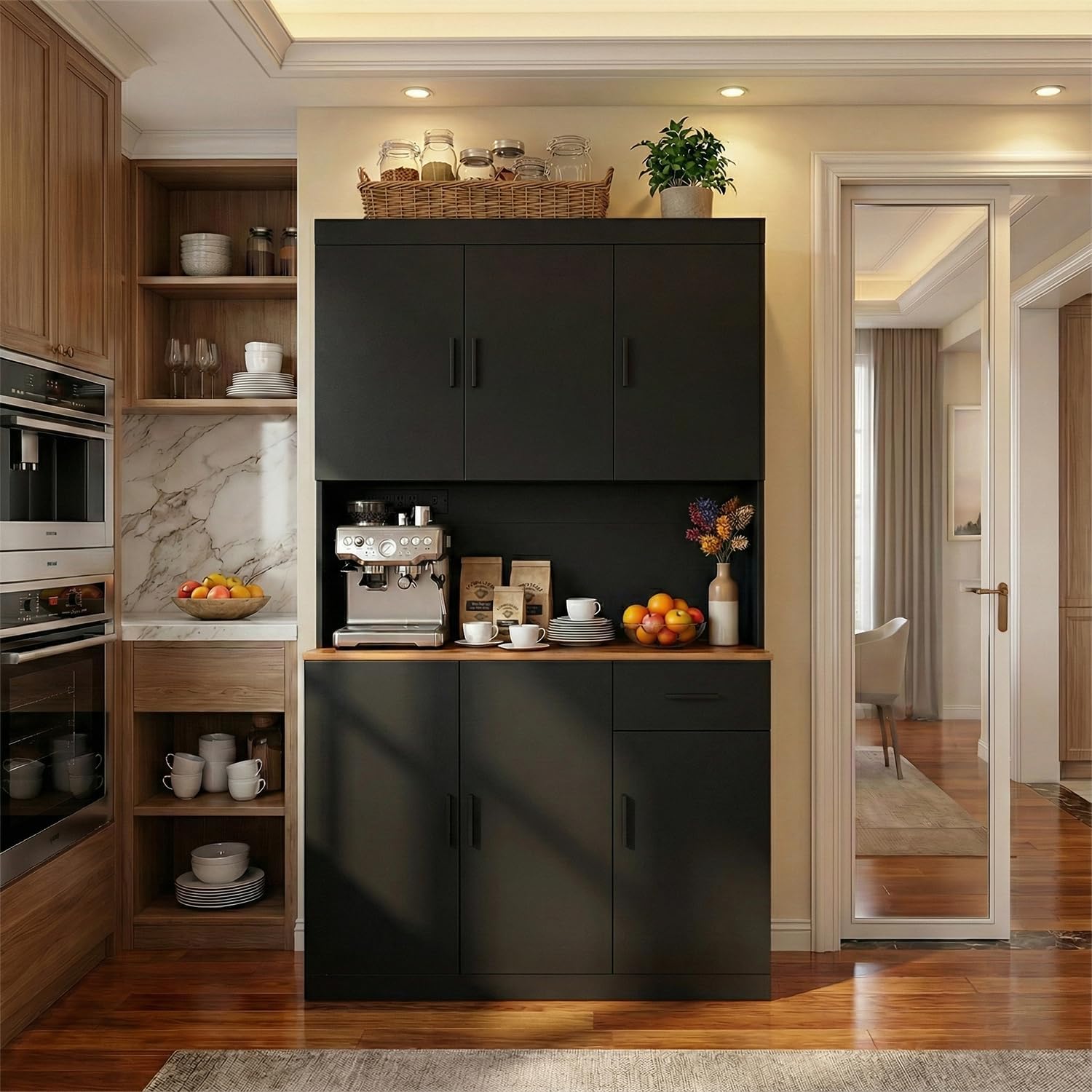 DIYART 71 Inch Black Pantry Cabinet with Power Outlet, Heavy-Duty Freestanding Kitchen Storage Organizer with Reinforced Frame, Pantry Hutch for Kitchen, Dining Room, Living Room