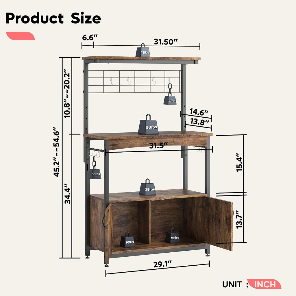 Bestier Bakers Racks with Storage Cabinet, Height-Adjustable 45' to 55' Microwave Stand for Kitchen with Wheels & Feet, Industrial Rolling Coffee Bar Shelf with 10 S-Hooks Rustic Brown