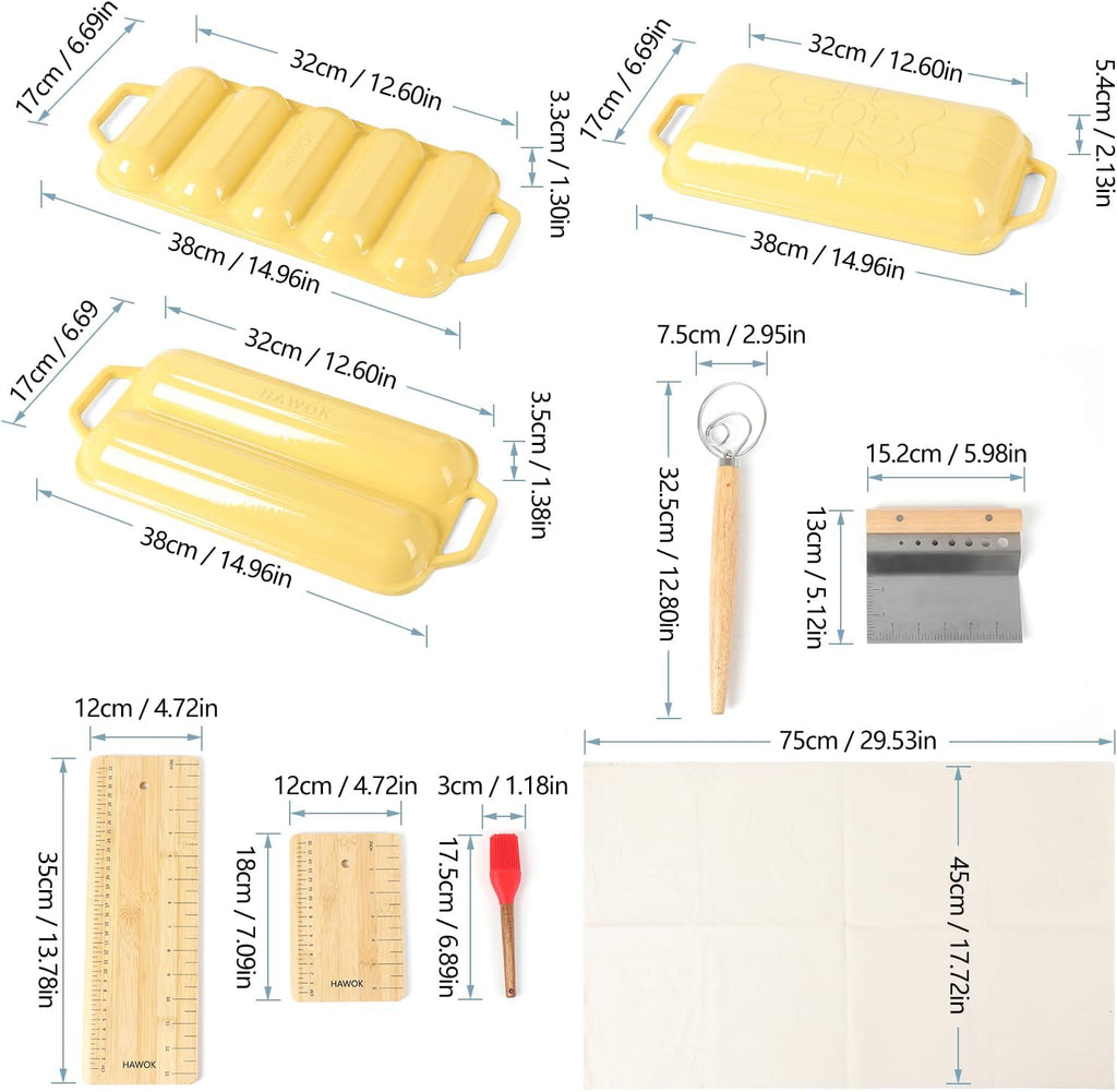 HAWOK Enameled Cast lron Baguette Bread Baker, 3-in-1 Baking Set with Full Baguette Tray, 5-Slot Mini Roll Tray & Reversible Lid Pan, 15 x 6.7 inch, Yellow
