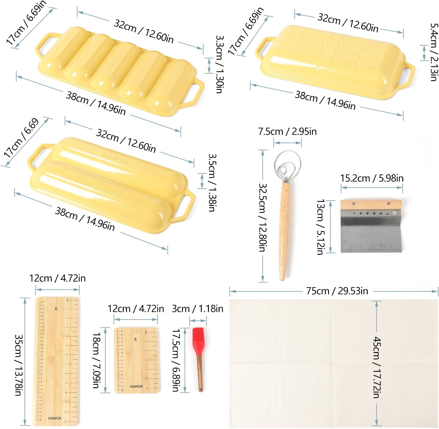 HAWOK Enameled Cast lron Baguette Bread Baker, 3-in-1 Baking Set with Full Baguette Tray, 5-Slot Mini Roll Tray & Reversible Lid Pan, 15 x 6.7 inch, Yellow