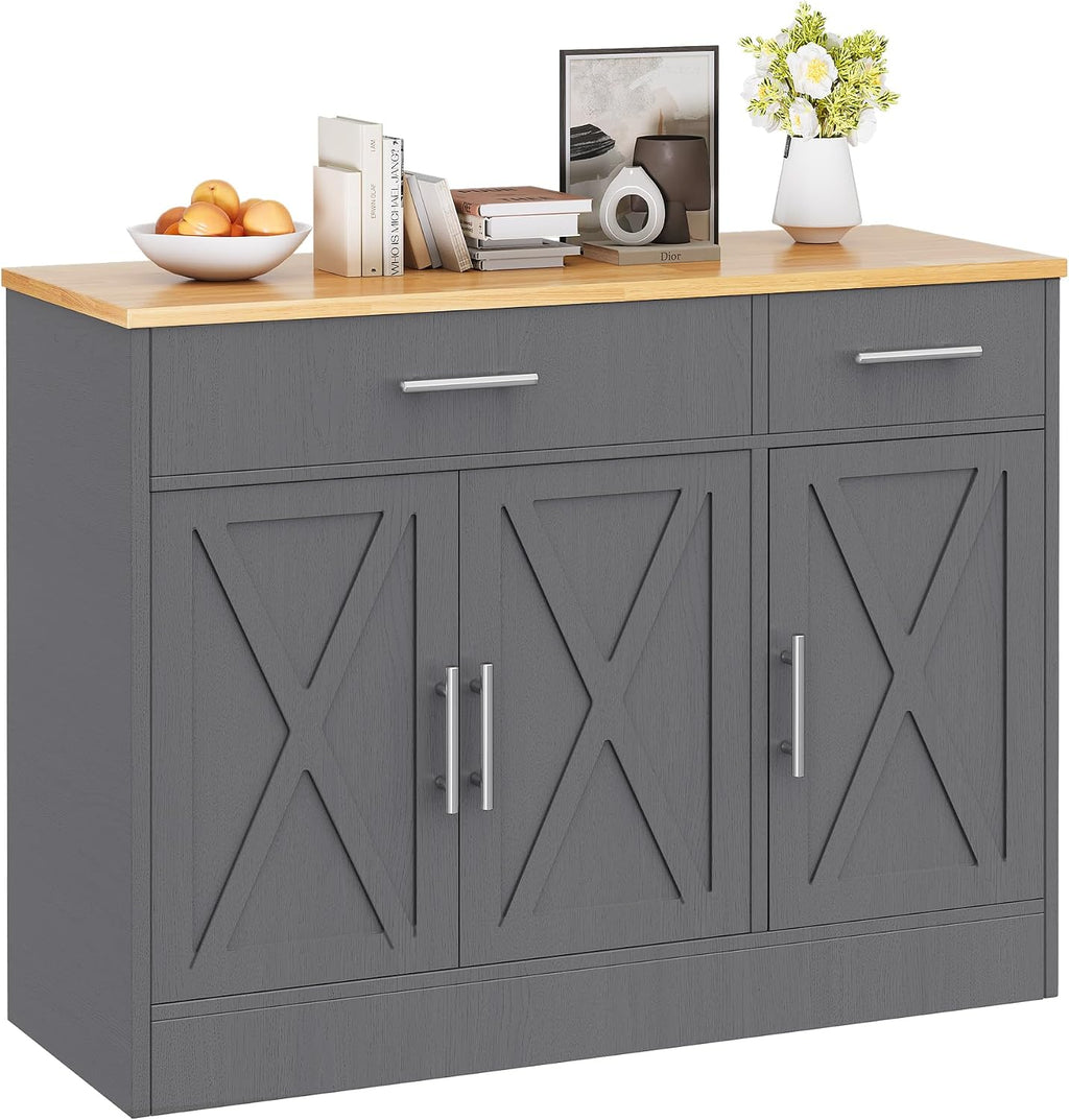 Vongrasig Sideboard Buffet Cabinet with Storage, 43' Farmhouse Coffee Bar Storage Cabinet with Drawers and Shelves, Modern Buffet Table for Kitchen, Dining Room, Grey