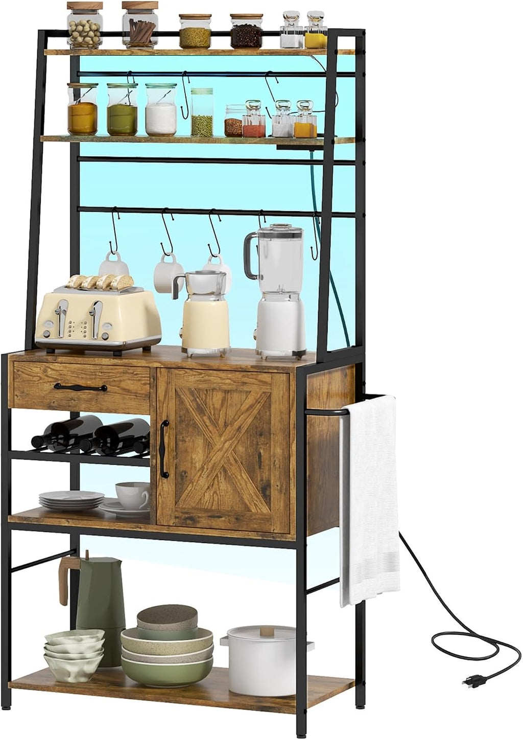 Baker's Rack with Power Outlet and LED Lights, Coffee Bar with Storage Shelves, Industrial Microwave Stand with Wine Bottle Rack, Drawer, Barn Door Cabinet, Rustic Brown