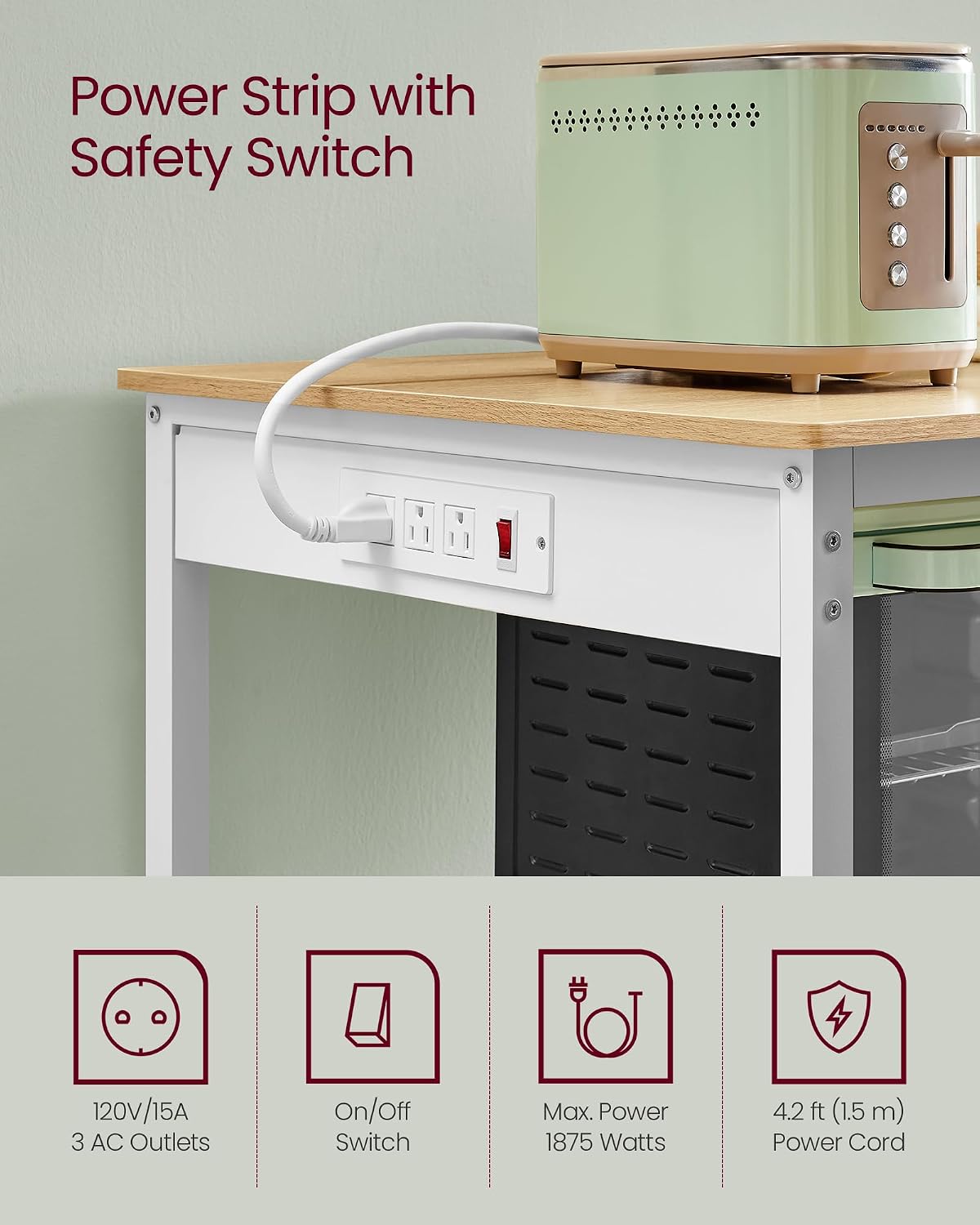 VASAGLE Kitchen Island with 3 Shelves, Kitchen Shelf with Power Strip, 23.6 x 39.4 x 34.9 Inches, Large Worktop, Steel Structure, Industrial, Easy to Assemble, Oak Color and White UKKI105Y01