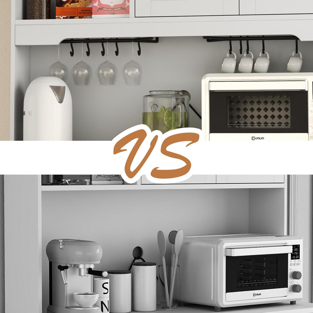 68'Tall Kitchen Pantry Storage Cabinet with Charging Station, Upgrade Pantry Cabinet with Doors & Shelves and Wine Glass Holder,Kitchen Hutch Cabinet with Microwave Stand for Kitchen (White+Black)