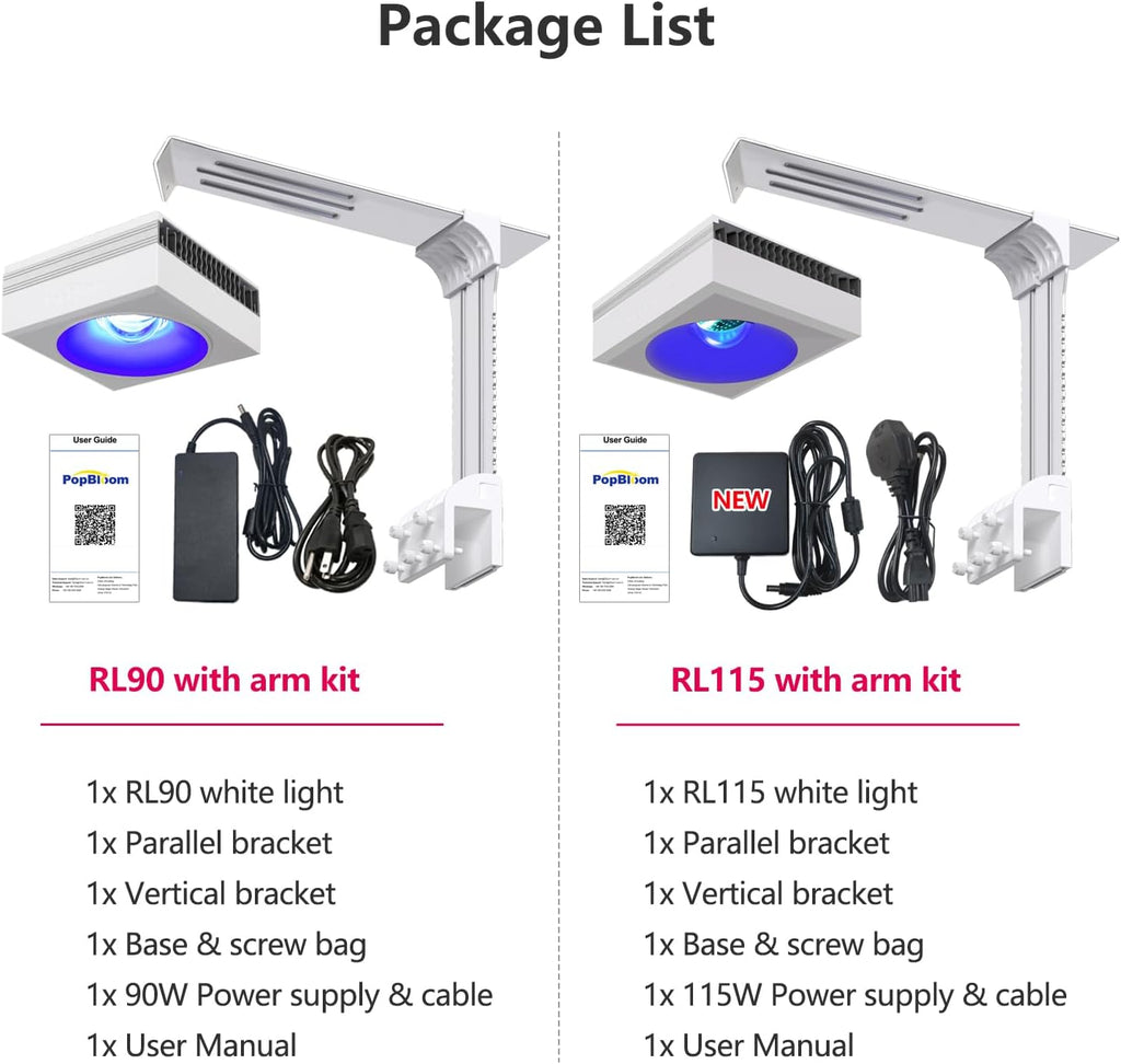 PopBloom 2026 New Launch 120W WiFi & APP Programmable LED Reef Aquarium Light, for 36' 48' 50' 72' Marine SPS LPS Corals & Saltwater Tanks (RL115 with Arm Kit)