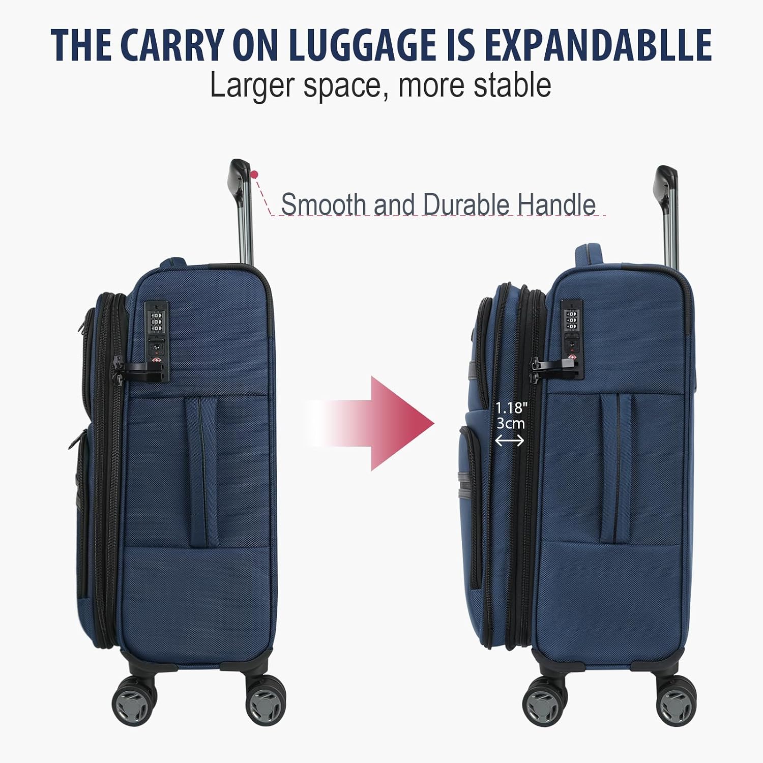 KROSER Softside Expandable checked Luggage with Front Business Pockets，24 Inch Suitcases with Spinner Wheels & Built-in TSA Lock, Durable Suitcase Rolling Luggage, Navy